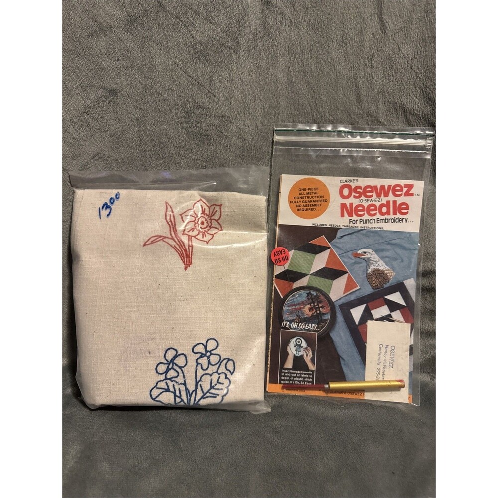 Vintage 80s Oh So Easy Clarke's Osewez Punch Embroidery Kit Red & Blue Flowers